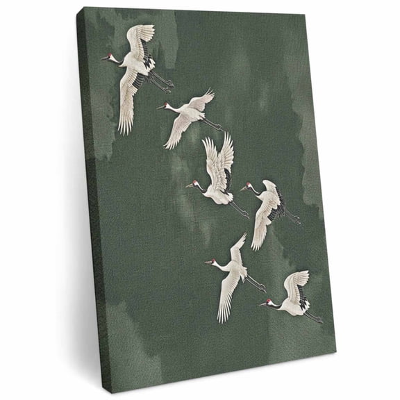Oriental Crane Canvas Wall Art for Living Room, Traditional Flight Bird Green Sky Poster Print Painting for Desk Vanity Narrow Stair Wall Decoration Wall Pictures Prepare To Hang 8"x10"