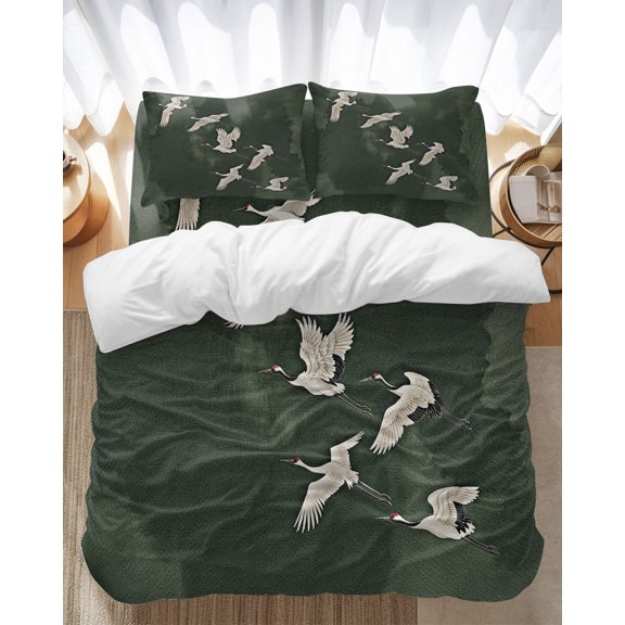 Oriental Crane Twin Duvet Cover Set, Traditional Flight Bird Green Sky 4 Piece Soft Cozy Comforter Cover Bedding Set with Zipper, 1 Duvet Cover, 1 Flat Sheet, 2 Pillowcase