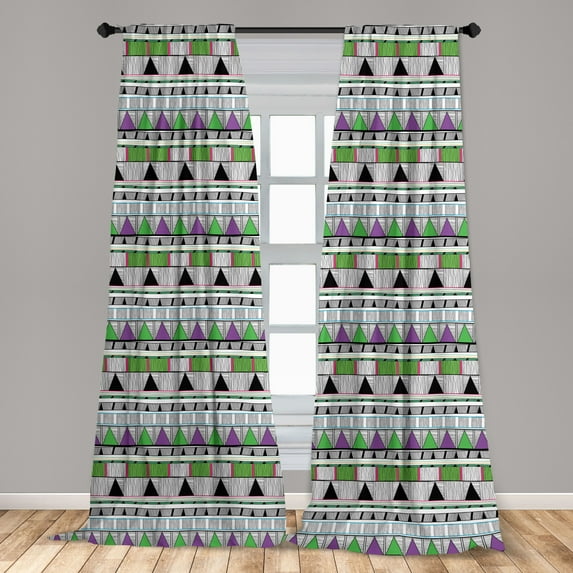 Oriental Curtains 2 Panels Set, Composition with Triangles Stripes Composition Traditional Mexican Motifs, Window Drapes for Living Room Bedroom, 56"W X 63"L, Multicolor, by Ambesonne