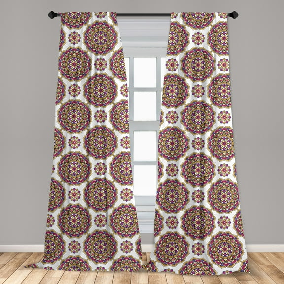 Oriental Curtains 2 Panels Set, Mandala Inspired Pattern with Flowers Nature Motifs from the Eastern Folklore, Window Drapes for Living Room Bedroom, 56"W X 84"L, Multicolor, by Ambesonne