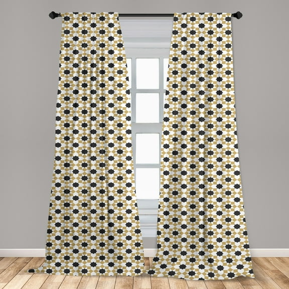 Oriental Curtains 2 Panels Set, Simplistic Folkloric Motif with Eastern Star and Squares, Window Drapes for Living Room Bedroom, 56"W X 95"L, Mustard Grey, by Ambesonne