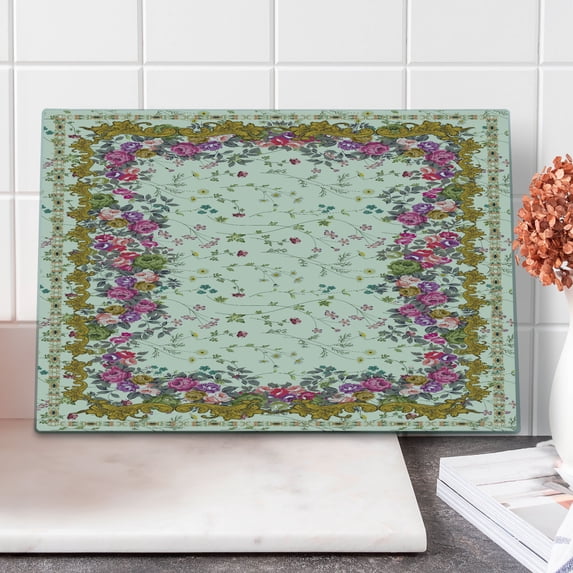 Oriental Cutting Board, Botanical Nature Artsy with Flourish Field of Soft Spring Flowers, Decorative Tempered Glass Cutting and Serving Board, in 3 Sizes, by Ambesonne