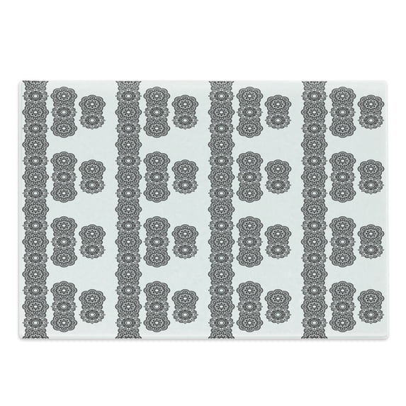 Oriental Cutting Board, Round Mandala Moroccan Ornament Mosaic Tile Print, Decorative Tempered Glass Cutting and Serving Board, Large Size, White Black, by Ambesonne