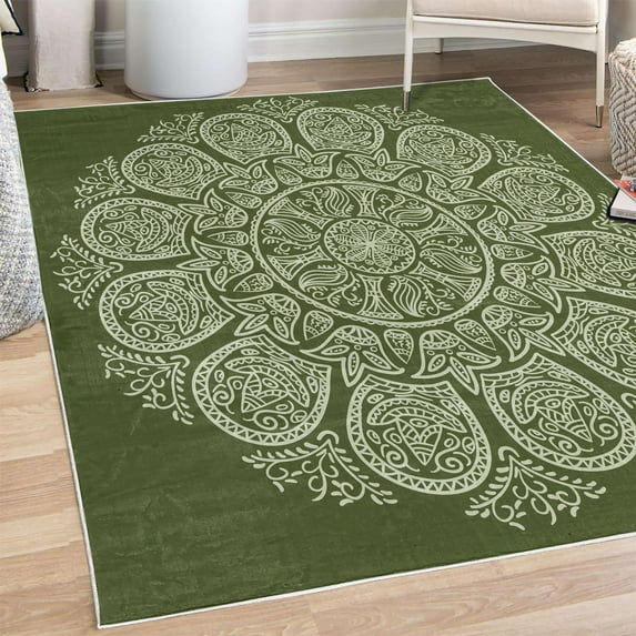 Oriental Decorative Rug, Abstract Round Mandala Designed with Flower Leaves and Stems Elements, Quality Carpet for Bedroom Dorm and Living Room, 6 Sizes, Olive Green, by Ambesonne