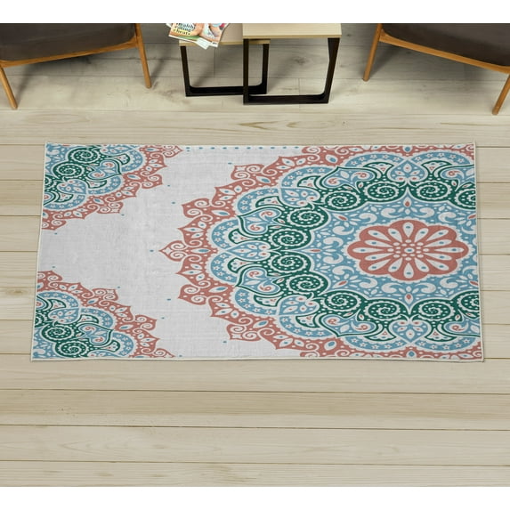Oriental Decorative Rug, Soft Colored Mandala South Culture Inspired Floral Image, Quality Carpet for Bedroom Dorm and Living Room, 6 Sizes, Teal Salmon, by Ambesonne