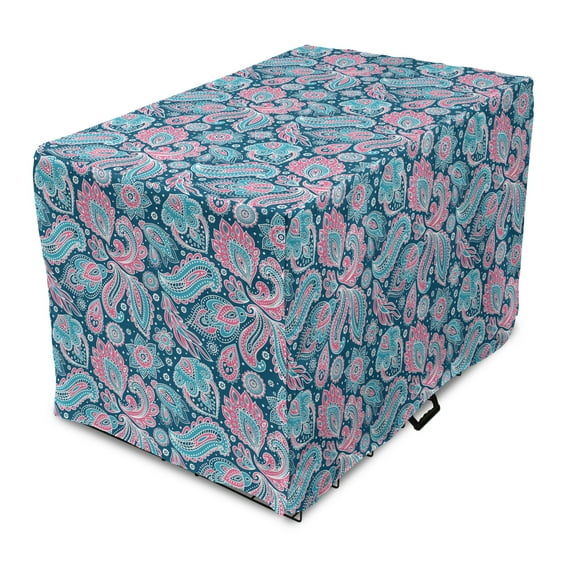 Oriental Dog Crate Cover, Bohemian Persian Paisley Leaves Floral Folk Design, Easy to Use Pet Kennel Cover Small Dogs Puppies Kittens, 7 Sizes, Blue Pink, by Ambesonne