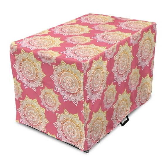 Oriental Dog Crate Cover, Continuous Pattern of Mandala Inspired Ornate, Easy to Use Pet Kennel Cover Small Dogs Puppies Kittens, 7 Sizes, Pastel Pink Marigold, by Ambesonne