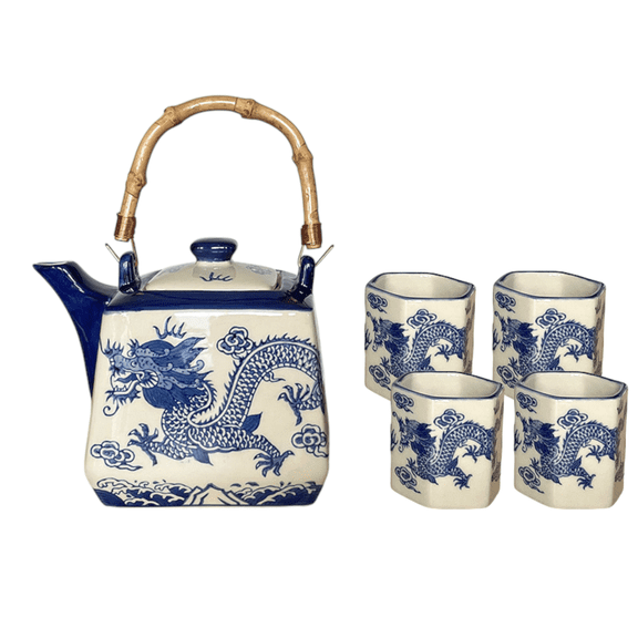 Oriental Dragon Porcelain Square Shaped Tea Set 20 fl oz Teapot and 4 Hexagon Shape Tea Cups
