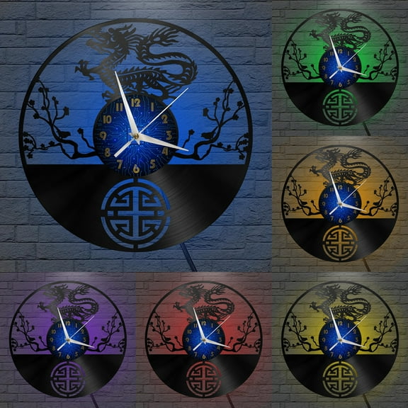 Oriental Dragon Vinyl Record Wall Clock for Kitchen Wall Decor Wall Art Gift for Lover Gift Idea for a Best Friend(B,with LED)