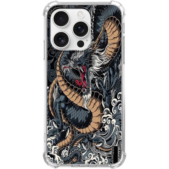Oriental Dragon Wave Case for iPhone 15 Pro Max, Bold Vintage Asian Dragon, Unique Soft TPU Bumper Case Compatible for iPhone 15 Pro Max