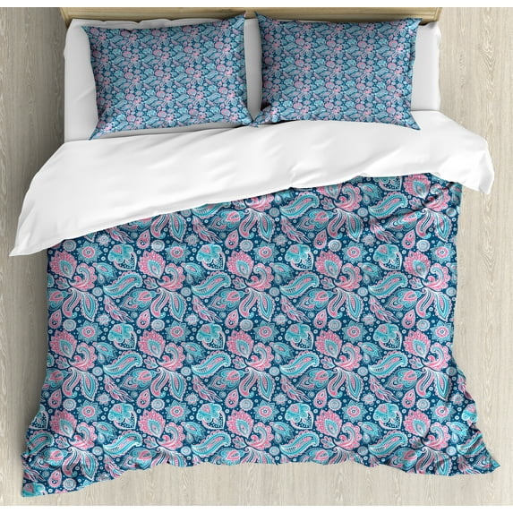 Oriental Duvet Cover Set, Bohemian Persian Paisley Leaves Floral Folk Design, Decorative 3 Piece Bedding Set with 2 Pillow Shams, Calking Size, Blue Pink, by Ambesonne
