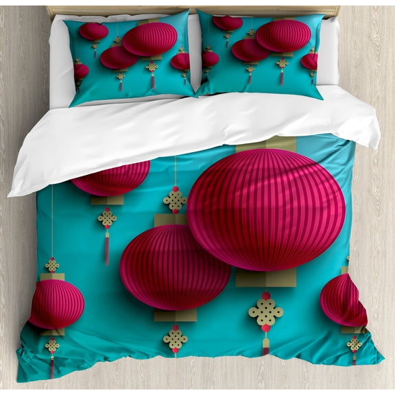 Oriental Duvet Cover Set, Chuseok Chinese New Year Traditional Celebration Mid Autumn Festival, Decorative 3 Piece Bedding Set with 2 Pillow Shams, King Size, Dark Coral and Sky Blue, by Ambesonne