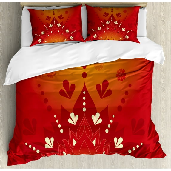 Oriental Duvet Cover Set, Floral Motifs in Style of Southern Culture Oriental Cultural Vibes, Decorative 3 Piece Bedding Set with 2 Pillow Shams, Calking Size, Ruby Vermilion, by Ambesonne