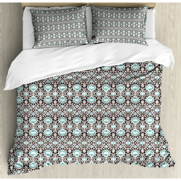 Oriental Duvet Cover Set, Flourishing Motifs Eastern Inspired Curves and Strokes, Decorative 3 Piece Bedding Set with 2 Pillow Shams, King Size, Pale Teal Dark Taupe, by Ambesonne