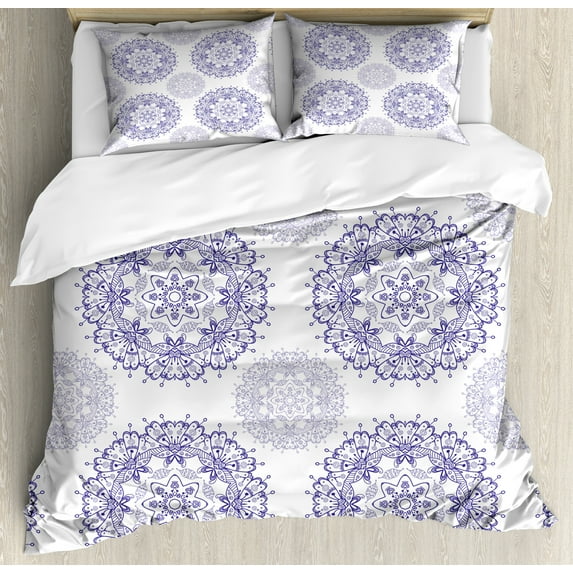 Oriental Duvet Cover Set, Mandala Inspired Motif with Flower and Heart Ornaments Monochrome Design, Decorative 3 Piece Bedding Set with 2 Pillow Shams, Queen Size, Dark Lavender White, by Ambesonne