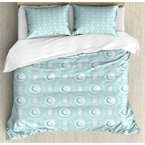 Oriental Duvet Cover Set, Monochrome Bohemian Illustration of Floral Details and Crescent Moon, Decorative 3 Piece Bedding Set with 2 Pillow Shams, Calking Size, Blue Grey and White, by Ambesonne