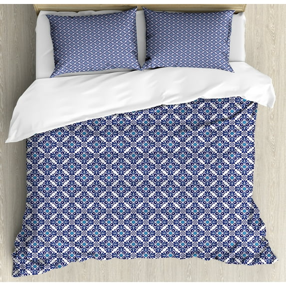 Oriental Duvet Cover Set, Ornamental Curves and Strokes in Vibes, Decorative 3 Piece Bedding Set with 2 Pillow Shams, Queen Size, Violet Blue White, by Ambesonne
