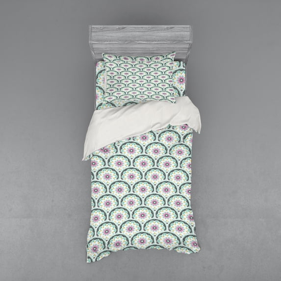 Ambesonne Oriental Bedding Set 3 Pcs, Ottoman Floral Pattern, Twin XL, Sea Green and Hot Pink