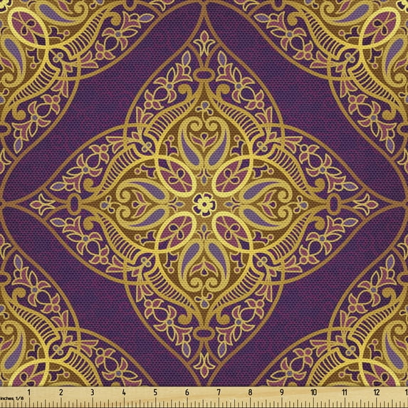 Ambesonne Oriental Fabric by the Yard Upholstery, Arabian Lacy Like Motif, 10 Yards, Purple and Dark Yellow