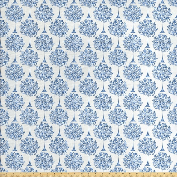 Oriental Fabric by the Yard, Illustration of Surreal Tree with Ornamental Swirls Vintage Feels, Decorative Upholstery Fabric for Sofas and Home Accents, Ceil Blue and White by Ambesonne