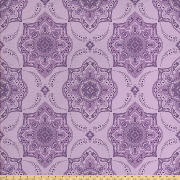 Ambesonne Oriental Fabric by the Yard Upholstery, Monochrome Folk Ornament, 3 Yards, Pastel Purple Mauve