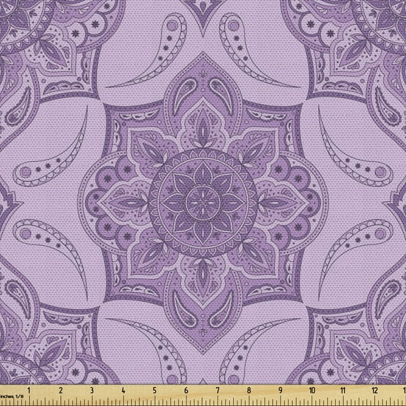Ambesonne Oriental Fabric by the Yard Upholstery, Monochrome Folk Ornament, 1 Yard, Pastel Purple Mauve