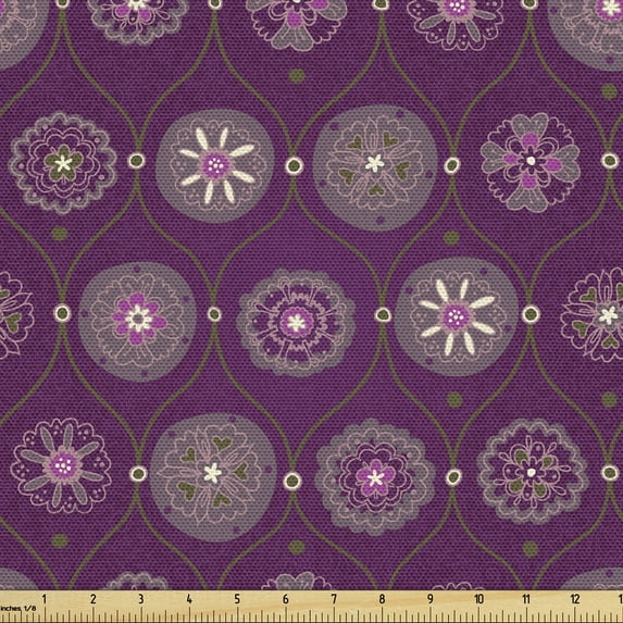 Ambesonne Oriental Fabric by the Yard Upholstery, Flourish Ornate, 10 Yards, Plum and Multicolor