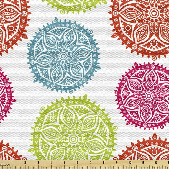 Oriental Fabric by the Yard Upholstery, Floral Mandala Inspired Art on a Plain Background, Decorative Fabric for DIY and Home Accents, Multicolor by Ambesonne