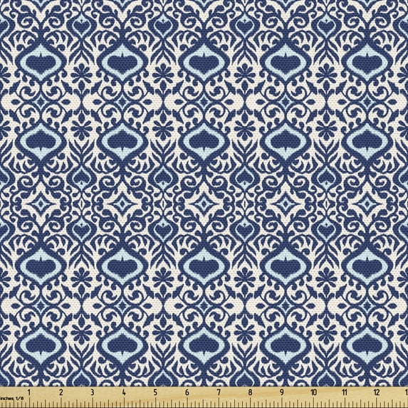 Oriental Fabric by the Yard Upholstery, Illustration of Classic Ikat Inspired Print Vibes, Decorative Fabric for DIY and Home Accents, Night Blue Pale Eggshell by Ambesonne