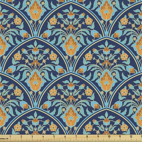 Oriental Fabric by the Yard Upholstery, Nostalgic Oriental Design Floral Squama Tile Mosaic with Turquoise Details, Decorative Fabric for DIY and Home Accents, Night Blue Apricot by Ambesonne