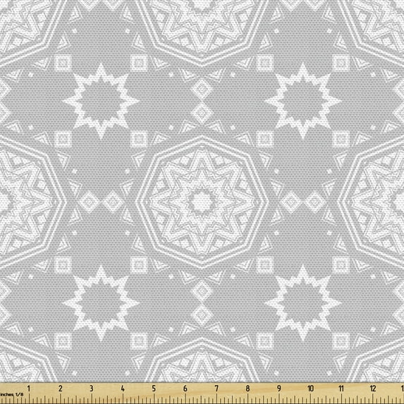 Oriental Fabric by the Yard Upholstery, Pattern with Vintage Starry Mandala Effect Motif Muted Tones, Decorative Fabric for DIY and Home Accents, Pale Grey and White by Ambesonne