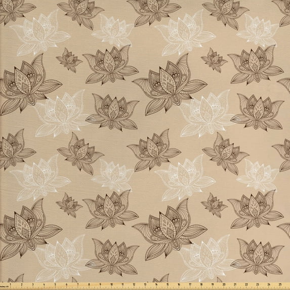 Ambesonne Oriental Fabric by the Yard Upholstery, Zentangle Lotus Boho Art, 3 Yards, Ecru Dark Brown White