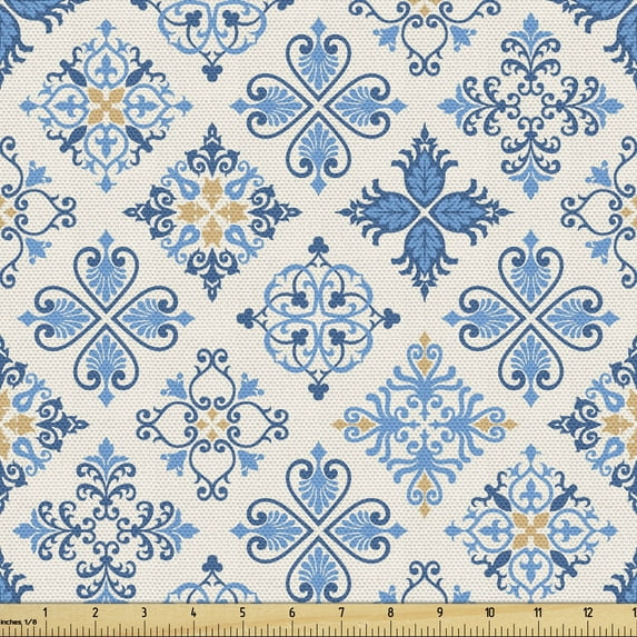 Ambesonne Oriental Fabric by the Yard Upholstery, Nostalgic and Floral Style, 2 Yards, Sky Blue White