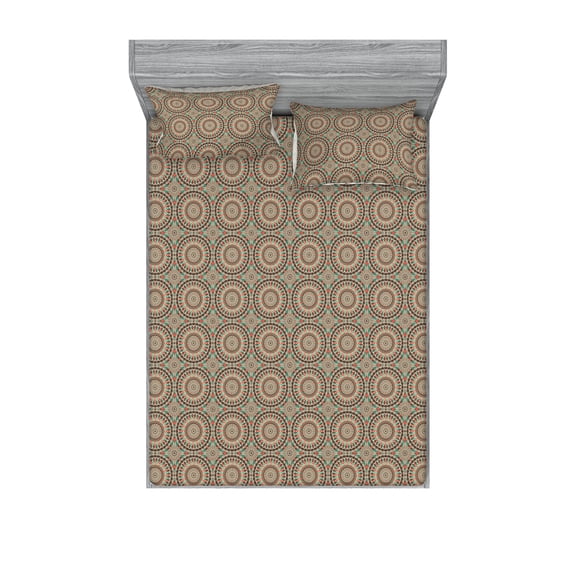 Oriental Fitted Sheet & Pillow Sham Set, Psychedelic Theme Geometric Round Shapes With Tetragon Ornament Mirror Looking Art, Decorative Printed 3 Piece Bedding Decor, Queen, Multicolor, by Ambesonne