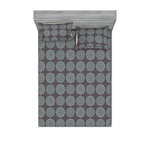 Oriental Fitted Sheet & Pillow Sham Set, Traditional Concept Mandala Style Round Shapes Geometric Artwork Print, Decorative Printed 3 Piece Bedding Decor, Queen, Eggshell and Camel, by Ambesonne