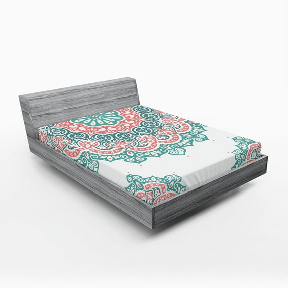 Oriental Fitted Sheet, Soft Colored Mandala South Culture Inspired Floral Image, Decorative Soft Bedding All-round Elastic Pocket, Full Size, Turquoise Coral Teal, by Ambesonne