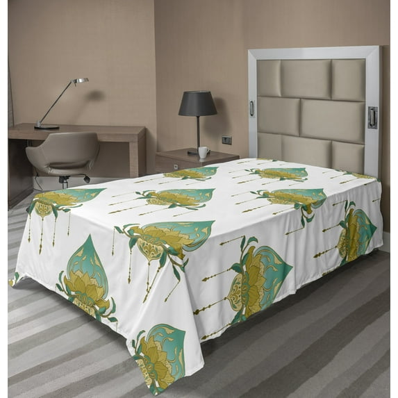 Oriental Flat Sheet, Repetitive Pattern of Asian Lotus Flowers Dark Yellow and Dark Seafoam Tones, Soft Comfortable Top Sheet Decorative Bedding 1 Piece, 6 Sizes, White Multicolor, by Ambesonne