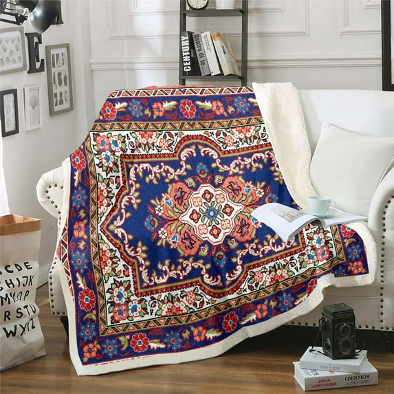 Oriental Fleece Blanket Vintage Sherpa Blanket, Red Blue Persian Blanket Baby Size Boho Mandala Throw Blanket for Sofa, Aesthetic Hippie Flannel Blanket for Kids Toddler Bedroom Decor