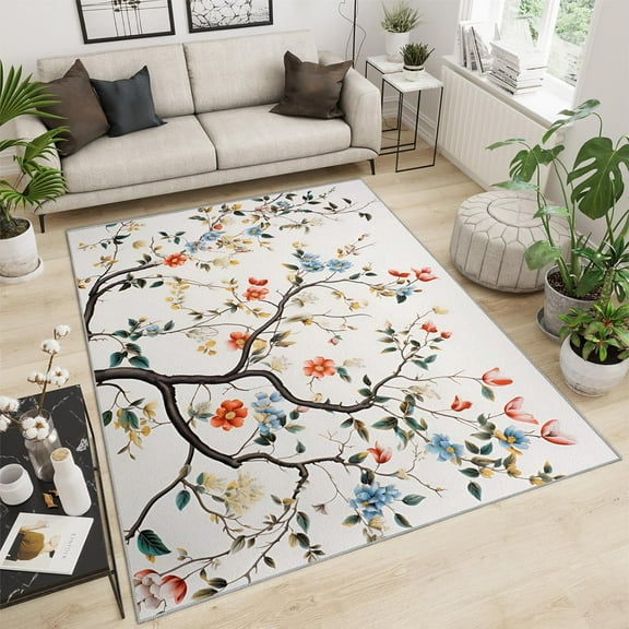 Oriental Floral Area Rug Multicolored Blossoms Vines Bedroom Rug, Beige Background Living Room Rug, Indoor Non-Slip Rugs For Front Entrance Floor Decor 5x7ft