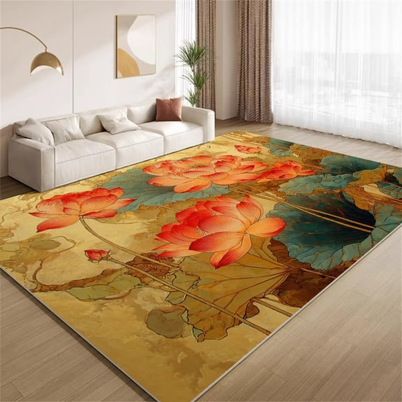 Oriental Floral Area Rugs, Chinese Style Lotus Carpet, Washable Non Slip Low Pile Soft Rug for Living Room Bedroom Decor Mat 2x3ft