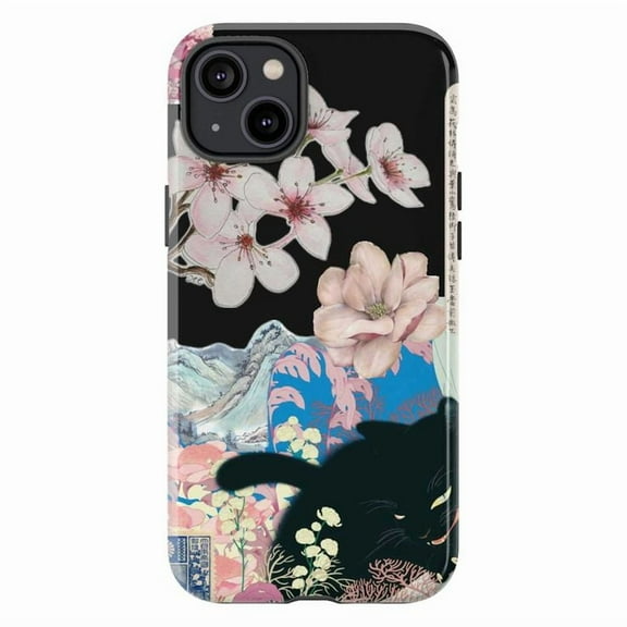 Oriental Floral Cat Phone Case, Vintage Japanese Art iPhone Cover, Elegant Artistic Protective Case for iPhone 16 15 14 13 12 11 Plus Pro Max Mini