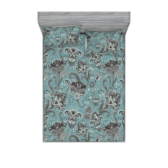Oriental Floral Fitted Sheet & Pillow Sham Set, Dreamy Paisley Inspirations Flowers Boho Pattern with Leaves Art, Decorative Printed 3 Piece Bedding Decor, King, Cadet Blue Dark Cocoa, by Ambesonne