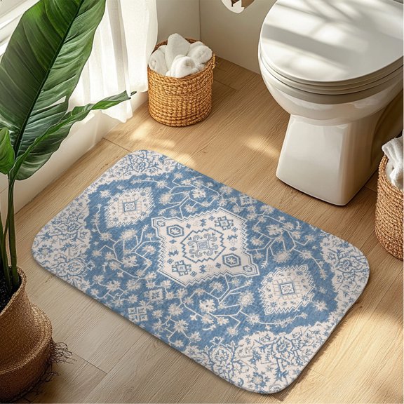 Oriental Floral Plush Flannel Bath Rug 16x24 Inches, Quick Dry Absorbent Non Slip Mat for Bathroom Sink Tub