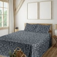 thumbnail image 1 of Ambesonne Oriental Floral Fitted & Flat Sheet with Shams 4 Pcs Set, Damask Bloom Ethno, Full, Charcoal Grey and Ceil Blue, 1 of 5