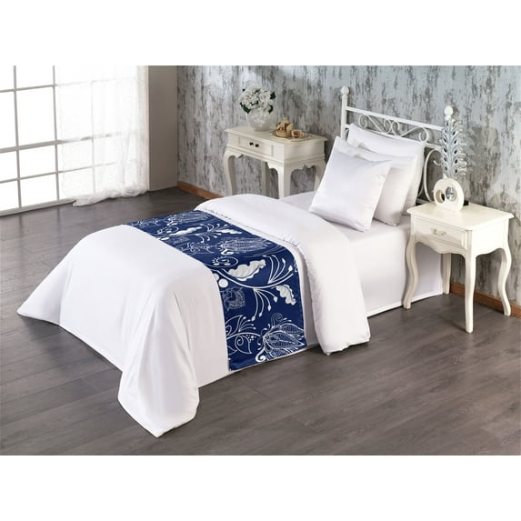 Oriental Flowers Bed Runner, Chinese Artwork Inspirations Vintage Floral Pattern with Leaves, Decorative Accent Bedding Scarf for Hotels Homes & Guest Rooms, Twin, Dark Lavender White, by Ambesonne