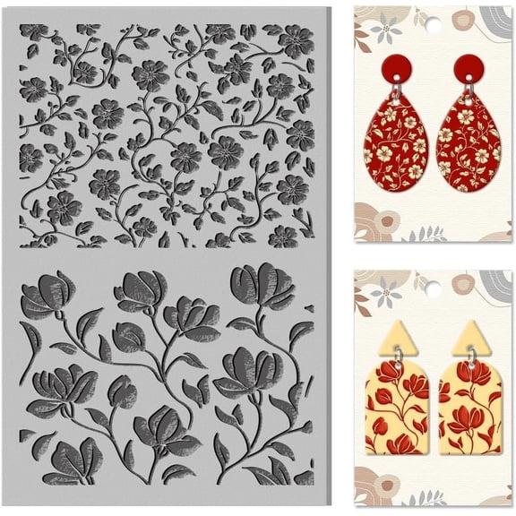 Oriental Flowers Polymer Clay Texture Sheets Curled Leaves Clay Texture Vintage Vine Rubber Clay Texture Mat Modeling Pad Texture Sheets for Polymer Clay Making Earrings Jewelry Multi-color