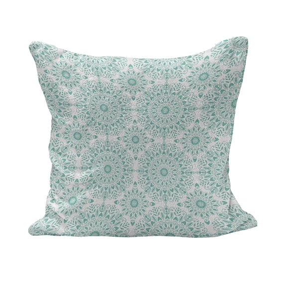Oriental Fluffy Throw Pillow Cushion Cover, Mandala Oriental Image with Ivy Swirl Lace Like Detailed Art Print, Decorative Square Accent Pillow Case, 28" x 28", Aqua and White, by Ambesonne
