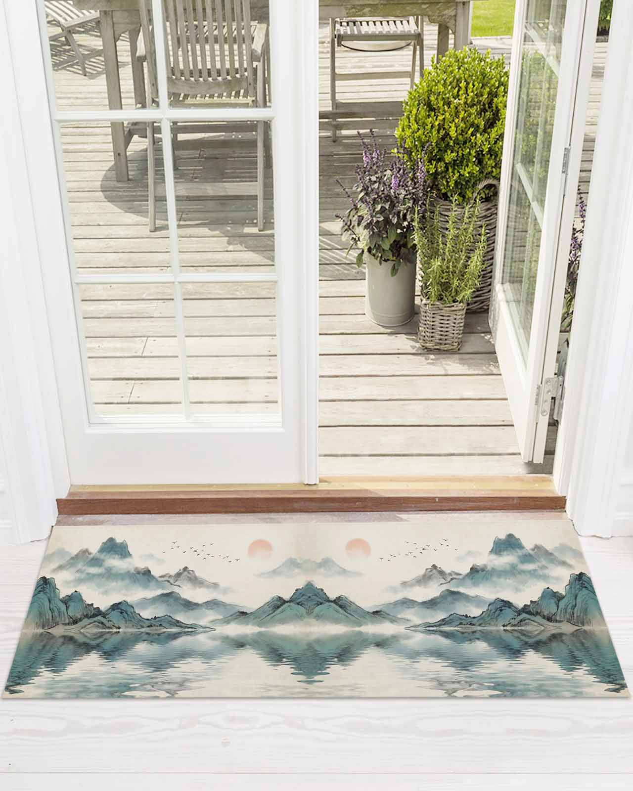 Oriental Front Door Mat Traditional Ethnic Art Chinese Landscape Ink Painting Welcome Doormat Indoor Outdoor Entrance Floor Mat Non-Slip Washable Runner Rug for Front Porch Decor 20x63 Inch