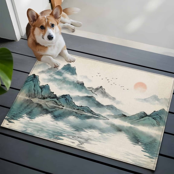 Oriental Front Door Rugs 2x3 ft Traditional Ethnic Art Chinese Landscape Ink Painting Small Rug for Entryway Non Slip Washable Bathroom Door Mat Absorbent Floor Mat for Indoor Entrance