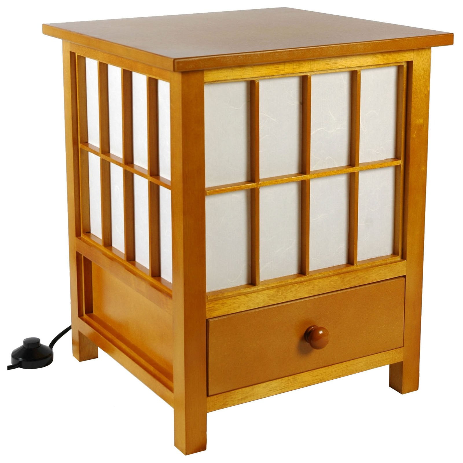 Honey Spruce Hokkaido Lamp with Drawer and Rice Paper Shade